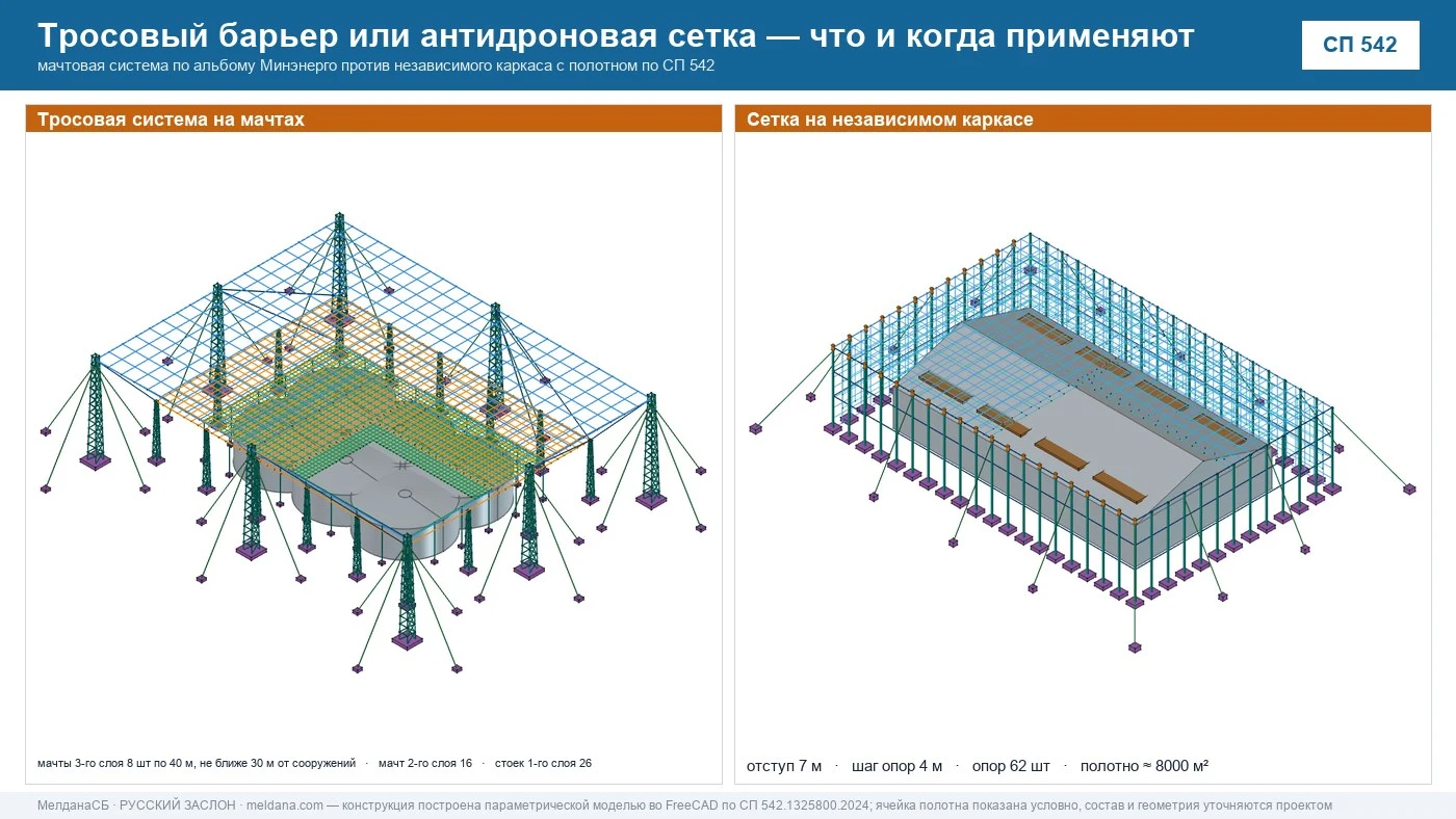 Слева — тросовая система на мачтах, справа — сетка на независимом каркасе: две схемы под одну задачу